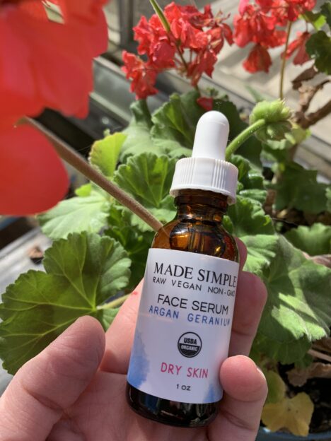 Made Simple Skin Care USDA certified organic raw vegan argan geranium face serum hand