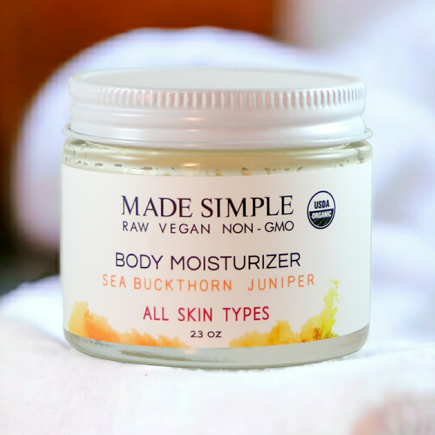 Made Simple Skin Care certified organic raw vegan nonGMO sea buckthorn juniper moisturizer jar