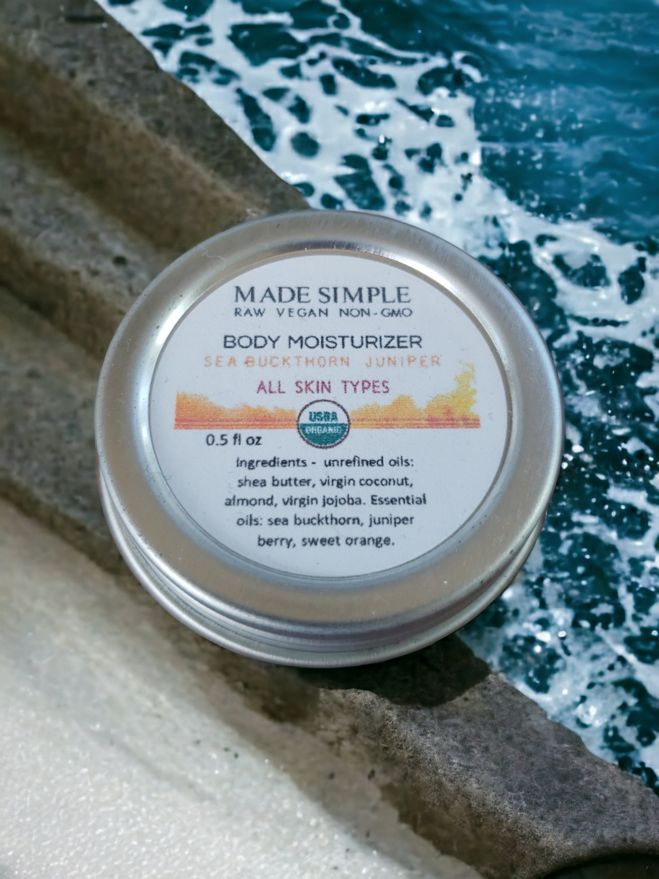Made Simple Skin Care certified organic raw vegan nonGMO sea buckthorn juniper moisturizer sample