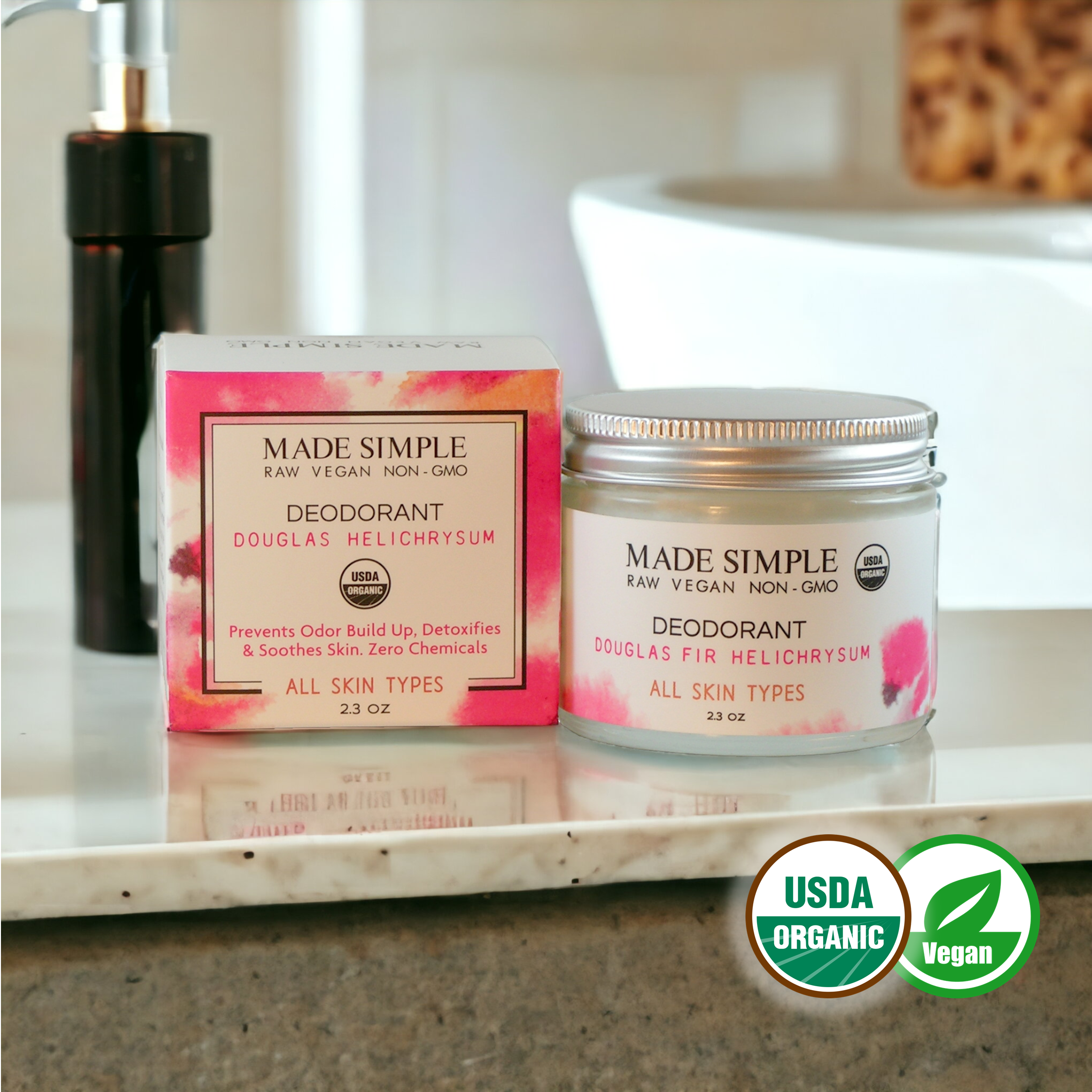 Made Simple Skin Care - Douglas Fir Helichrysum Deodorant usda certified organic raw vegan nonGMO jarbox (metal)2a