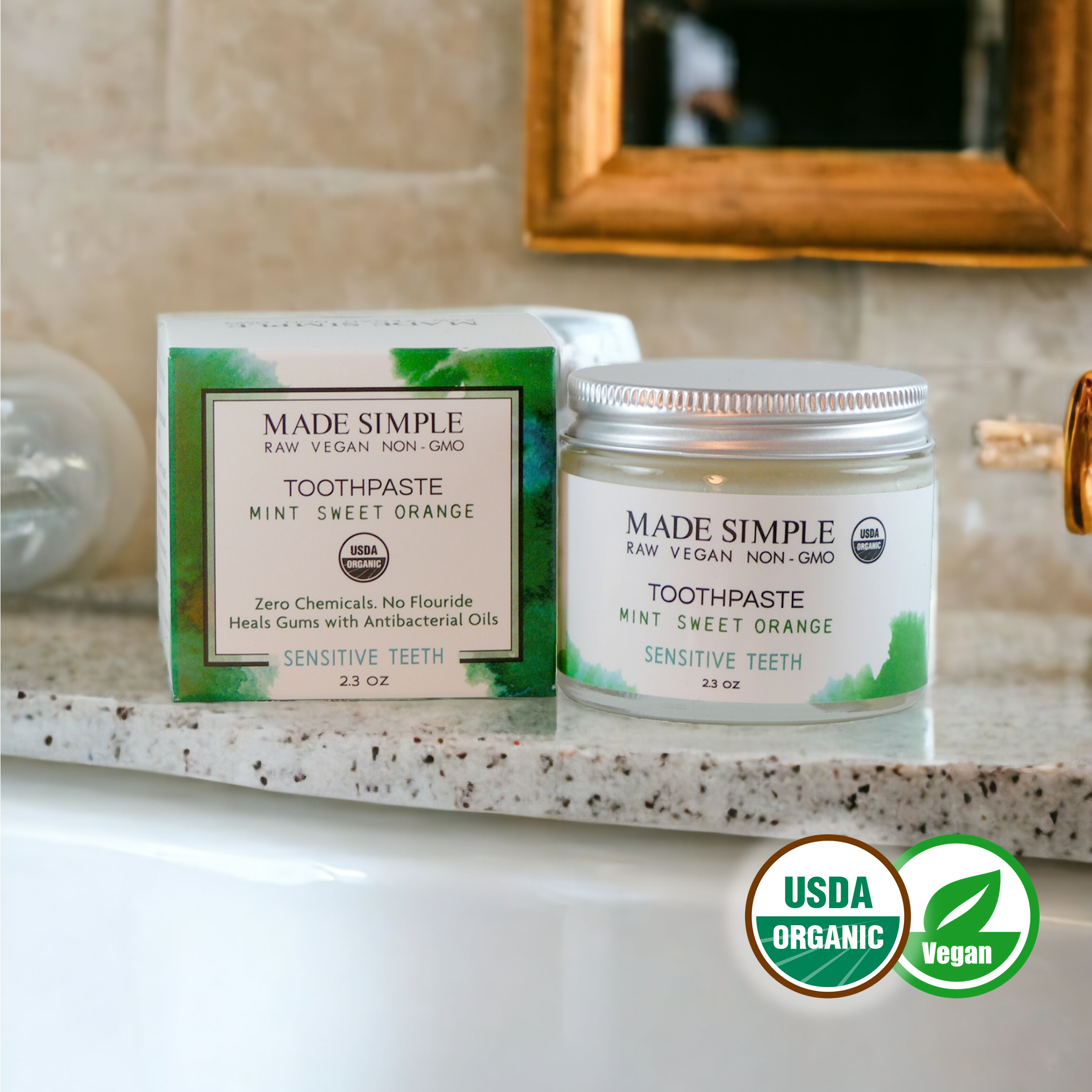 Made Simple Skin Care certified organic raw vegan nonGMO Crueltyfree mint sweet orange toothpaste