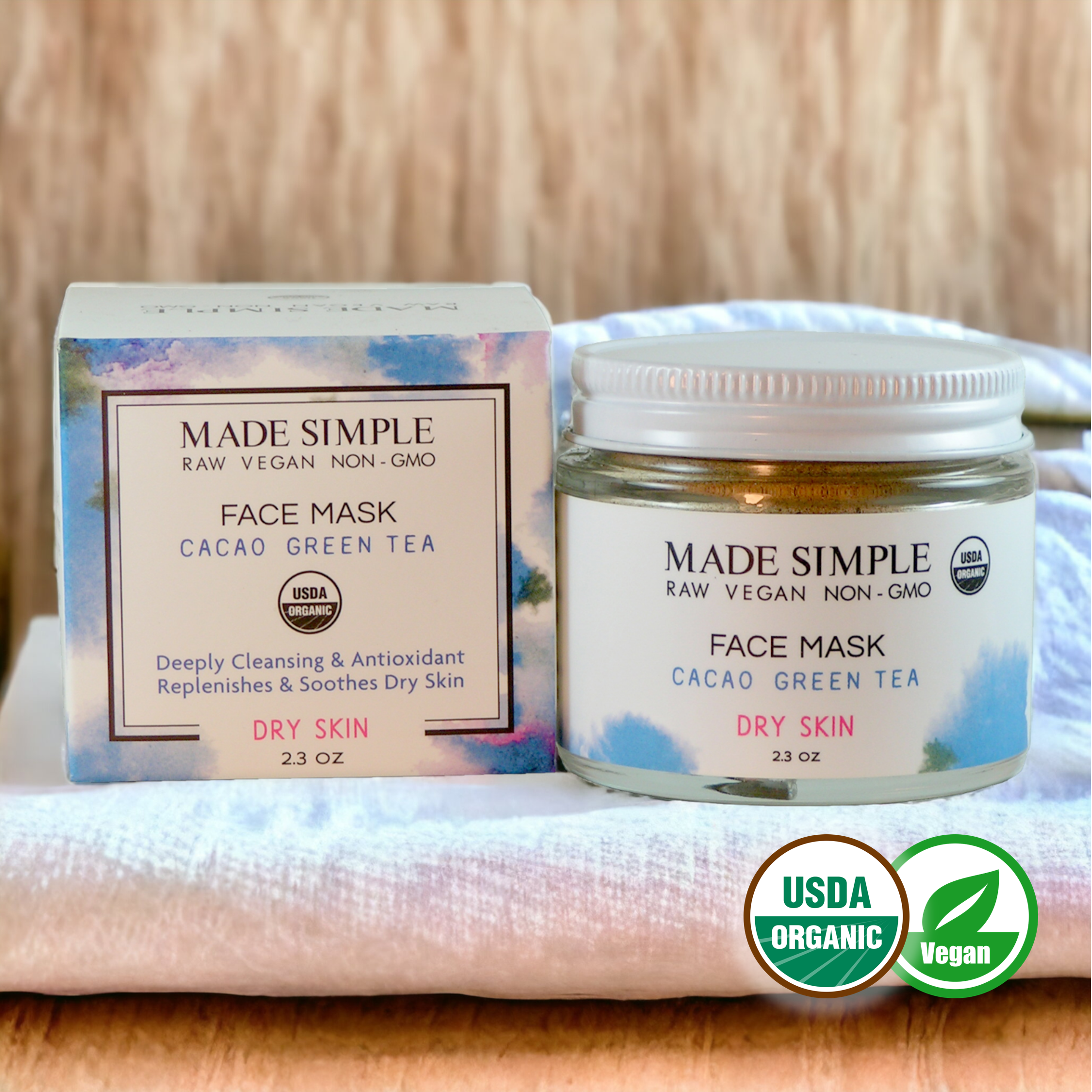 Made Simple Skin Care certified organic raw vegan nonGMO cacao green tea face mask