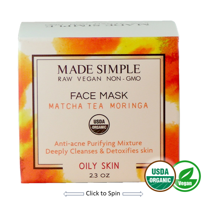 Made Simple Skin Care Matcha Tea Moringa Face Mask USDA Certified Organic Raw Vegan
